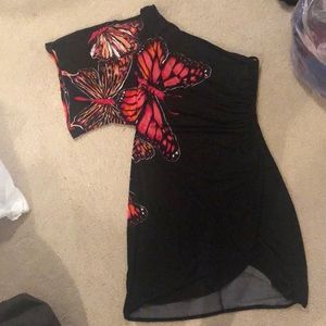 One shoulder black dress with butterfly pattern
